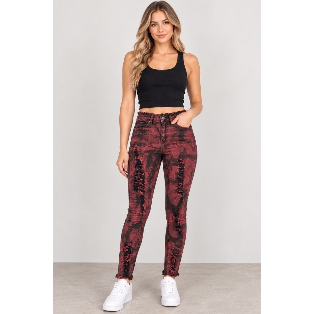 RED FOX Skinny Jeans Acid Wash Distressed Y2K Grunge Ripped Denim Black Maroon 5